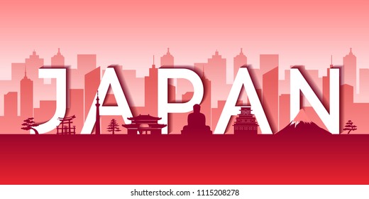 Japan famous landmark silhouette style,Japan text within,trip and tourism,vector illustration