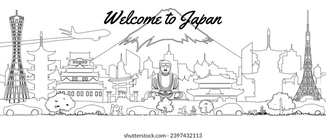 Japan famous landmarks silhouette outline style with blue and white color,vector illustration