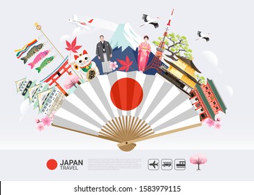 Japan famous landmarks travel background with tokyo tower, fuji mountain, shrine, castle, temple, sakura blossom