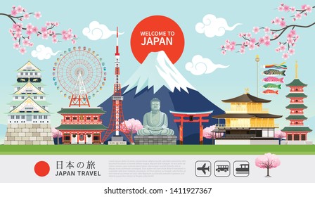 Japan famous landmarks travel banner with tokyo tower, fuji mountain, shrine, castle, great buddha, temple, ferris wheel, sakura blossom, and flying fish flags colorful flat style background.  - Shutterstock ID 1411927367