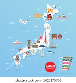 Japan famous landmarks travel map with tokyo tower, fuji mountain, shrine, castle, great buddha, temple, ferris wheel, sakura blossom, and flying fish flags colorful flat style background.