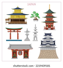 Japan famous landmarks travel, shrine, castle, temple. Illustration of the city of Tokyo.