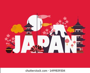 Japan famous symbols and landmarks, vector illustration. Sightseeing tour in Asian country, poster on red background in flat style. Popular Japanese attractions mount fuji, pagoda and blooming sakura