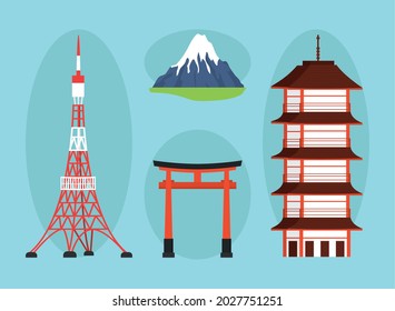 Japan famous symbols on blue background