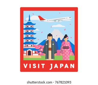 Japan Famous Tourist Destination Postcard Illustration