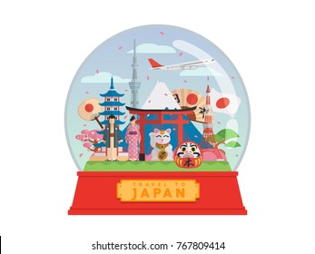 Japan Famous Tourist Destination Snow Globe Illustration