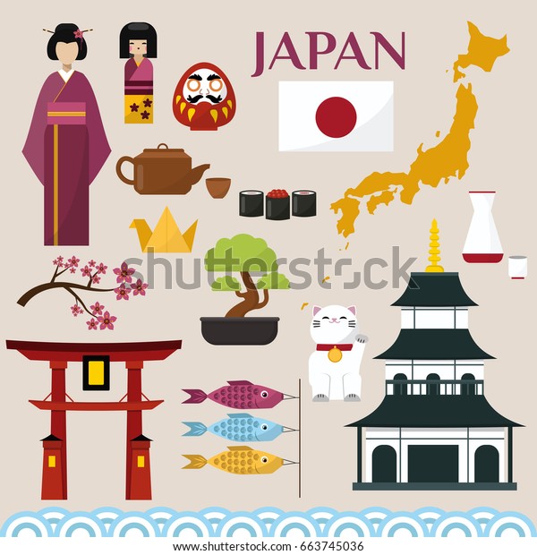 日本の有名な文化建築ビルや日本の伝統的な食べ物のベクター画像アイコン旅行旅行の旅行旅行のイラスト のベクター画像素材 ロイヤリティフリー