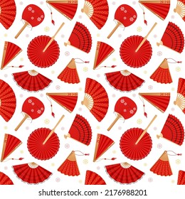 Japan fan pattern. Folding japanese or china paper with modern asian zen, blooming oriental retro design. Open and closed red accessories with bamboo handles. Vector wallpaper texture