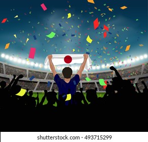 Japan fan stand up and hand flag among silhouette group to celebrate the team won in the soccer match on the stadium background, with confetti in the night time, design for template in vector format