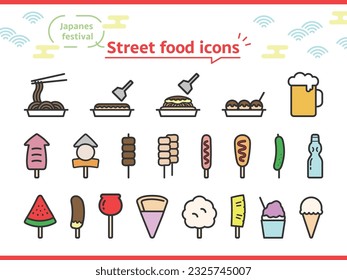 Japan festive street food icon set. Vector illustration