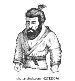 Japan fighter of judo or Jiu-Jitsu,sambo and other martial arts.Hand drawn sketch vector illustration.Bearded athlete