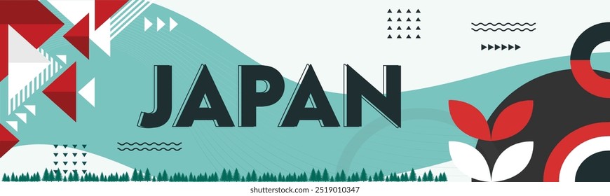 Japan flag banner. National foundation day design with famous Japanese landmarks like mount Fuji, Itsukushima Shrine. Vector illustration.