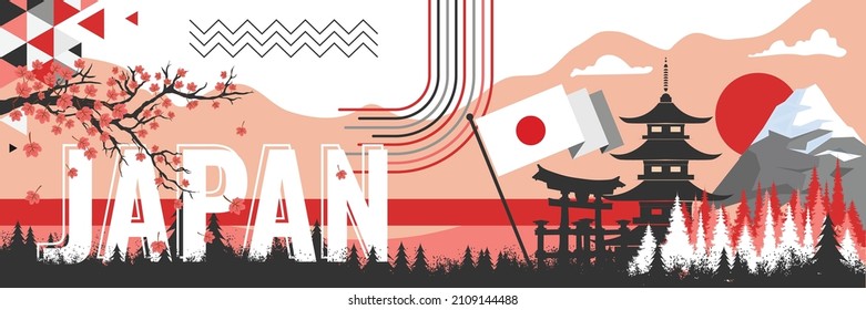 Japan flag banner with red white winter landscape theme in background. National foundation day design with famous Japanese landmarks like mount Fuji, Itsukushima Shrine. Vector illustration.