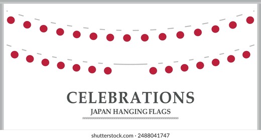 Japan flag bunting. Set of Patriotic hanging flags. Japanese Flags With Rope. Social media post or template. Bunting decoration flag isolated on white background.Victor Illustration.