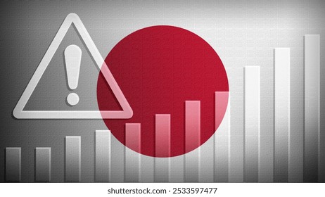 Japan flag with burlap texture, warning sign, and rising bar chart symbolizing increasing risk or growth challenges in the country. Ideal for data presentations.