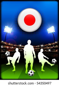 Botón de bandera de Japón con partido de fútbol en el estadio Ilustración original