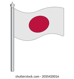 Japan flag. Cloth with a circle of the sun in the center. The national symbol of the state develops in the wind. Colored vector illustration. Isolated white background. Political topics. Cartoon style