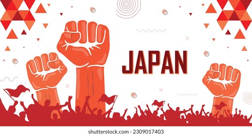 Japan flag color combination patriot banner, raised fist, human hands, cheering people, victory celebration, red geometric abstract background design, strike, parade, riot, protest or rally