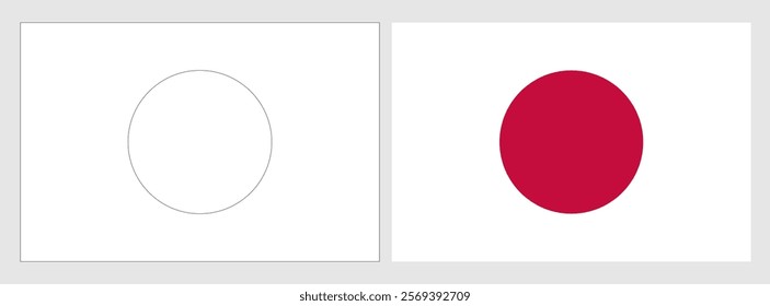 Japan flag - coloring page. Set of white wireframe thin black outline flag and original colored flag.
