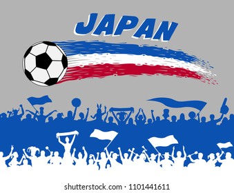 Japan flag colors with soccer ball and Japanese supporters silhouettes. All the objects, brush strokes and silhouettes are in different layers and the text types do not need any font. 