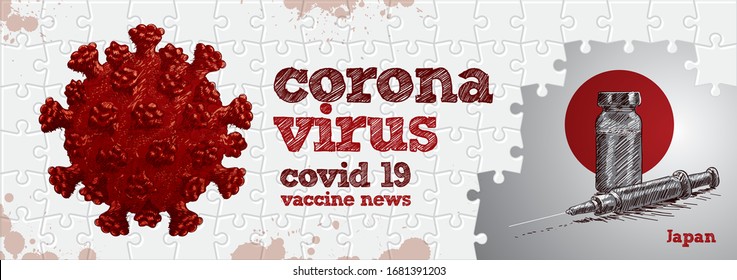 Japan flag, corona virus and vaccine. Puzzle concept hand drawing