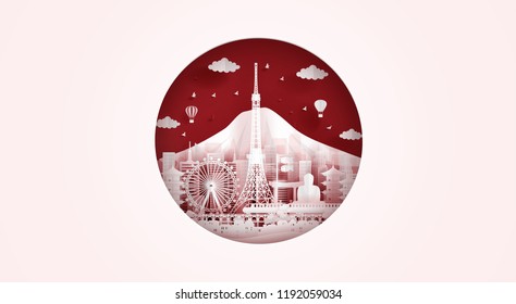 Japan flag with famous landmarks, Tokyo skyline and Fuji mountain in paper cut style vector illustration