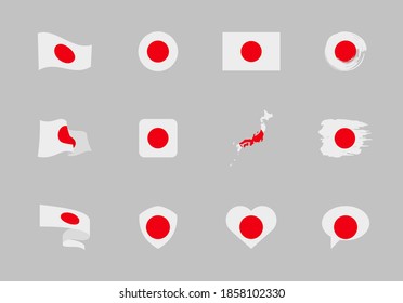 Japan flag - flat collection. Flags of different shaped twelve flat icons. Vector illustration set