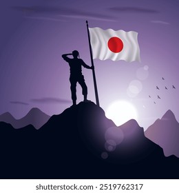 Japan Flag hoisted on a mountain peak with a purplish sunset in the background, vector illustration