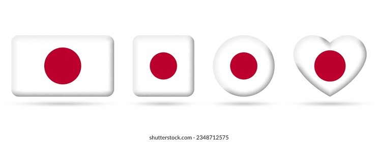 Japan flag icon or badge set. Japanese square, heart and circle national symbol or banner. Vector illustration.