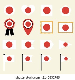 Japan flag icon set in 16 shape versions. Collection of Japan flag icons with square, circle, heart, triangle, medal, stamp and location shapes.