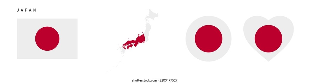 Japan flag icon set. Japanese pennant in official colors and proportions. Rectangular, map-shaped, circle and heart-shaped. Flat vector illustration isolated on white.