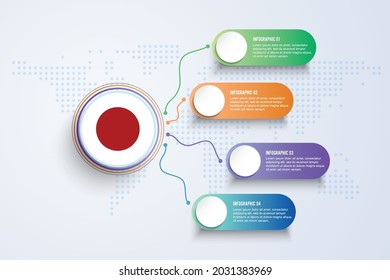 Japan Flag with Infographic Design isolated on Dot World map. Vector illustration.