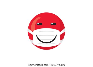 Japan Flag Made with Asian Style Happy Smiling Face Protected with Mask Having Wide Smile over It Safe Sport Concept - Red Elements on White Background - Vector Mixed Graphic Design