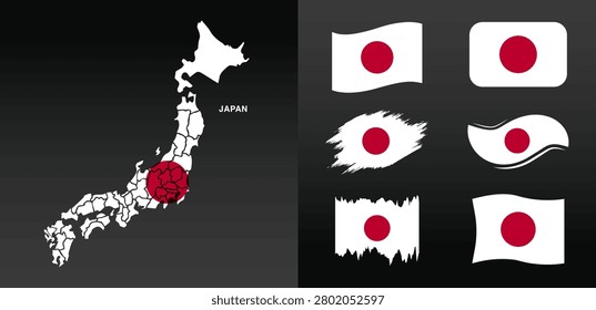 Japan Flag Map and National Flag Icon Set on Dark Background