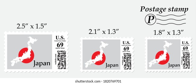Japan flag map on postage stamp different size.