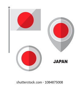 Japan flag and map pointer isolated on white background. Official national symbol. Vector flat design collection.