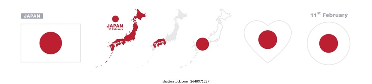 japan flag and map set. japan flag in official colors and proportions. independence day 11 february , map, circle and heart shaped japan	