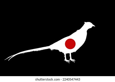 Japan flag over pheasant bird national animal vector silhouette illustration isolated on black background. National symbol of country in Asia. The land of the rising sun. East empire. Pheasant shape.