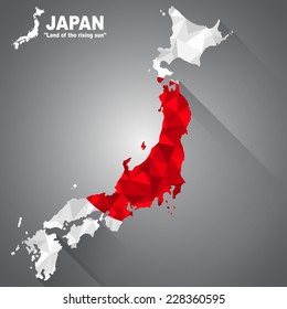 Japan flag overlay on the Japan map with polygonal and long tail shadow style (EPS10 art vector)