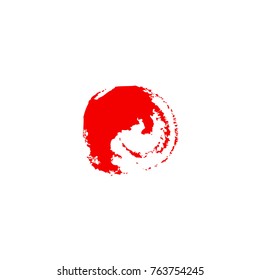 Japan flag painted by brush hand paints. Art flag. Red round on white background. Art grunge circle.