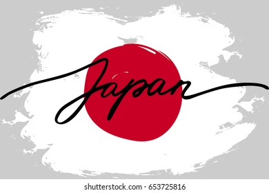 Japan flag painted handwriting text flag of Japan with handwritten text on grey background, vector. There are true colors of flag