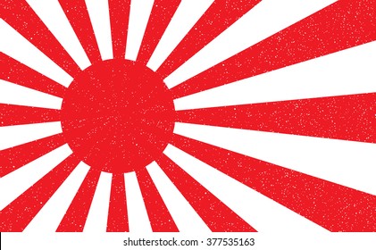 Japan flag. Red circle with rays have small hole texture. Design in style of red stamp. Red circle with rays isolated on white. 
