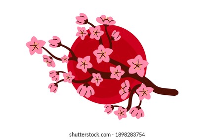 Japan flag, sakura branch for banner template design, web flag background, celebration card, Japanese wedding. Traditional Japanese asian symbol isolated, white background. National symbol in Japan