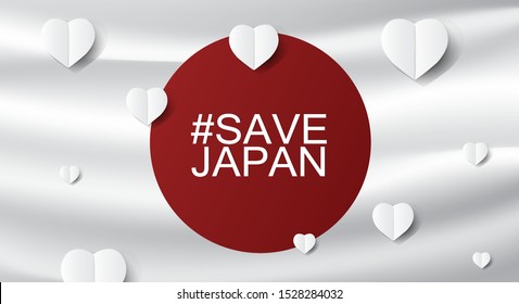 Japan Flag with Save for japan Message on Gray Flag background; design for Support and help to people; charity; donate after Typhoon landslide; vector illustration.