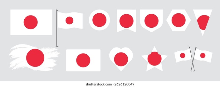 Japan flag set of icons.  Set of Japan flags button, waved, heart,brush,start various objects and state signs and shape