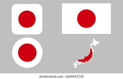 Bandeira japonesa de ícones. Um conjunto de sinalizadores em formas quadradas, retangulares, de mapa e arredondadas. Ícone Sinalizador.