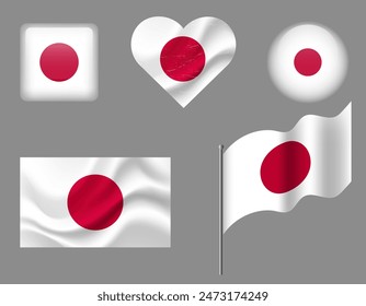 Conjunto de iconos de la bandera de Japón. Bandera de Vector de Japón. Conjunto de banderas japonesas Botón, ondeado, corazón.