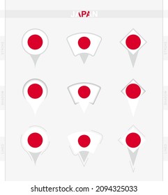 Japan flag, set of location pin icons of Japan flag. Vector illustration of national symbols.