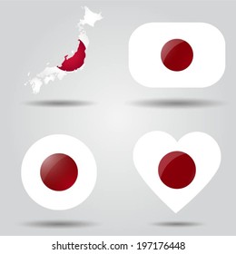 Japan flag set in map, oval, circular and heart shape.