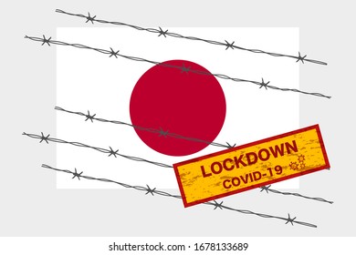 Bandera japonesa con seguridad de advertencia de bloqueo de señalización debido a la crisis del coronavirus covid-19 diseño de la enfermedad con el vector de aislamiento con cable de la barba